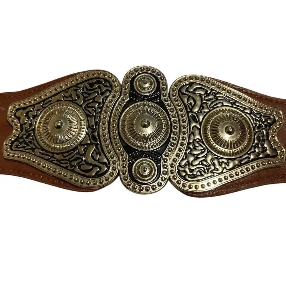 Cool vintage looking metal stretch antique buckle belt, brown and brushed gold